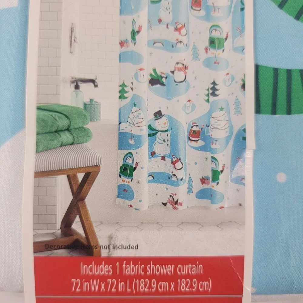 Snowman Blue Printed Christmas Fabric Shower Curtain - Size 72”x72”